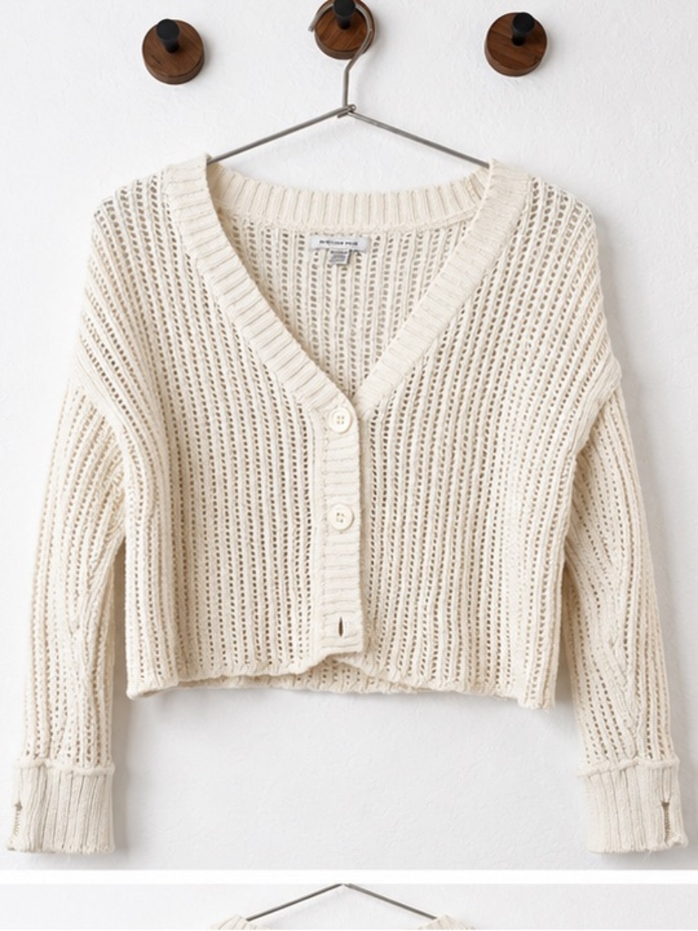 American Eagle Outfitters Cream Open-Weave V-Neck Button Cardigan